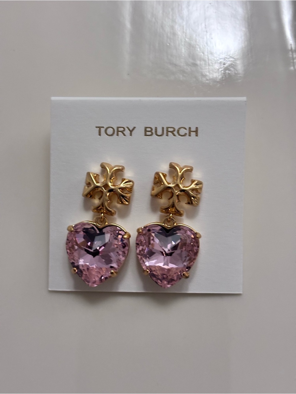 Tory Burch Gold-Tone Earrings with Pink Heart Crystals